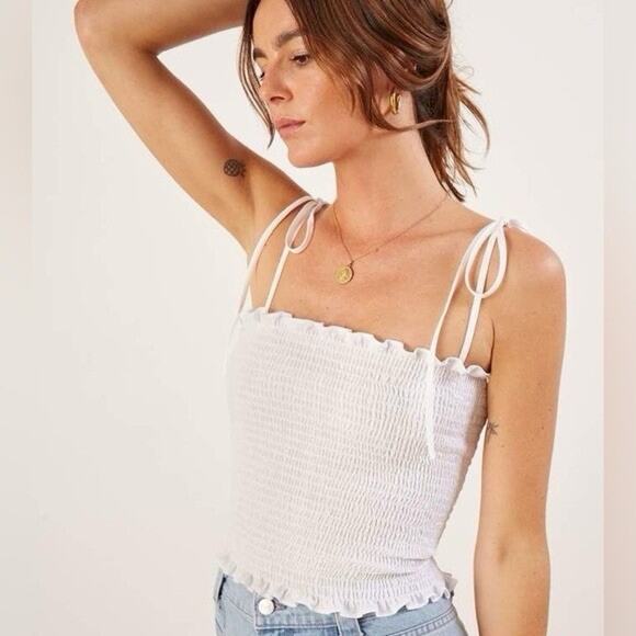 Reformation Ali Top White Linen Smocked Tie Strap Tank Women’s Size 10 - Picture 1 of 5
